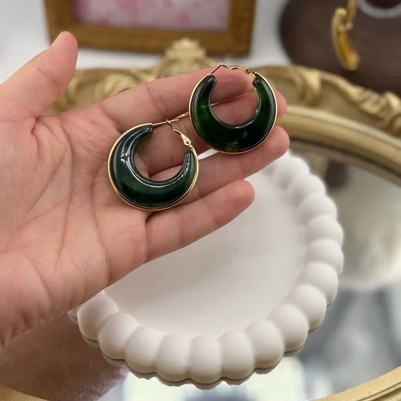 Green Resin Hoop Earrings – Gold Plated Stainless Steel - Picture 5 of 6